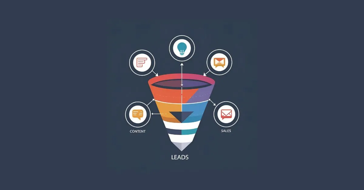 Embudo de marketing representado con iconos de contenido, leads y ventas.